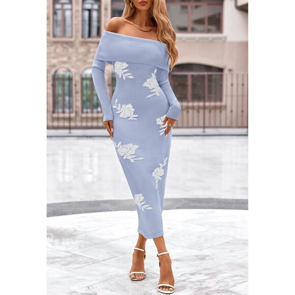 Merokeety Women's Bluewhite Off Shoulder Long Sleeve Elegant Bodycon Midi Dress - Picture 7 of 9